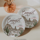 Western Cowgirl Baby shower Papieren Bordje<br><div class="desc">Maak je klaar om op te zadelen voor een rootin'-tootin' cowgirl-baby shower dat de sfeer van het Wilde Westen vangt! Dit charmante ontwerp is voorzien van een speels touwlettertype dat zich een weg baant door met de hand geïllustreerde scènes van rodeo's en cowgirls, compleet met galopperende paarden en woestijnlandschappen. Perfect...</div>