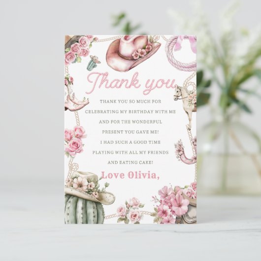 Western Cowgirl Birthday Party Thank You Card Bedankkaart (Staand voorkant)