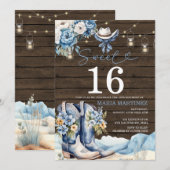 Western Cowgirl Blauw Bloemen Hout Sweet 16 Verjaa Kaart (Voorkant / Achterkant)