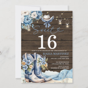 Western Cowgirl Blauw Bloemen Hout Sweet 16 Verjaa Kaart