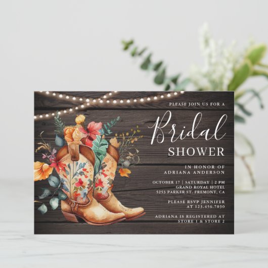 Western Cowgirl Bloemenlaarzen Hout Vrijgezellenfe Kaart (Staand voorkant)
