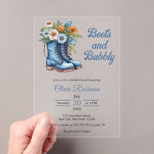 Western Cowgirl Blue Boots & Bubbly Bridal Shower Acryl Uitnodigingen (Insitu (Draagbaar))