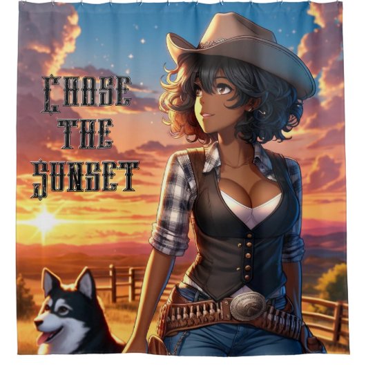 Western Cowgirl douchegordijn - Chase The Sunset (Voorkant)