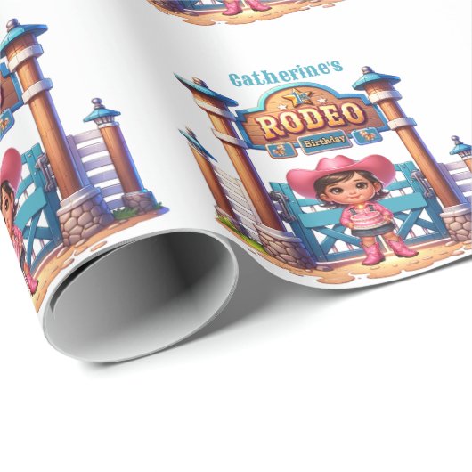 Western Cowgirl Eerste Rodeo Verjaardag Custom Cadeaupapier (Rol Hoek)