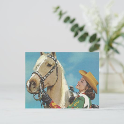  Western Cowgirl en Palomino Horse Briefkaart (Staand voorkant)