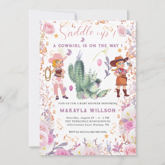 Western cowgirl Floral Waterverf Baby Girl Shower Kaart (Voorkant)