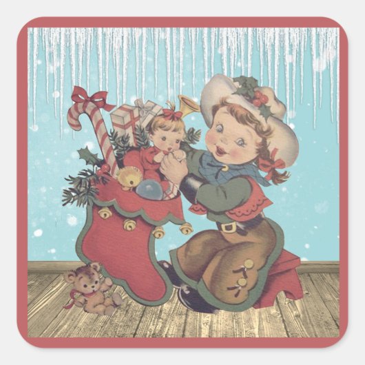  Western Cowgirl Kind en kerst kous Vierkante Sticker (Voorkant)