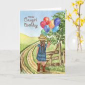 Western Cowgirl met Balonestisch meisje op 7e verj Kaart (Gele Bloem)