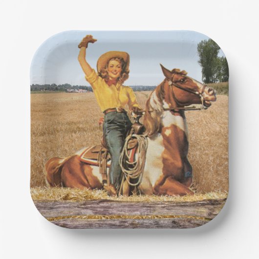 Western Cowgirl op het plein voor paardensport Papieren Bordje (Voorkant)