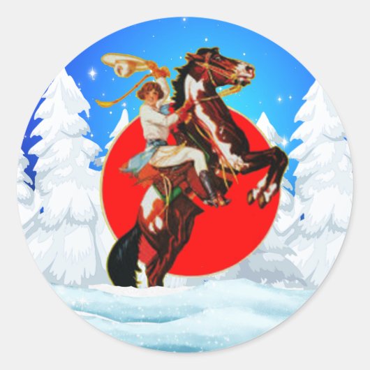 Western cowgirl paard winterscène ronde sticker (Voorkant)