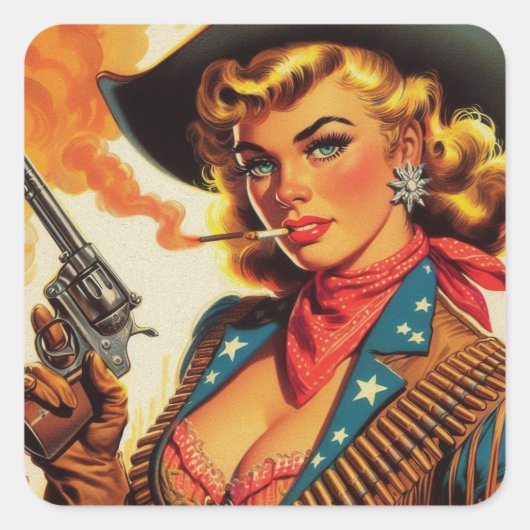  Western Cowgirl Pin Up Vierkante Sticker (Voorkant)