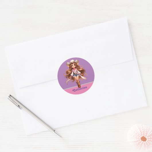 Western Cowgirl Rodeo Princess 1 Gepersonaliseerd Ronde Sticker (Envelop)