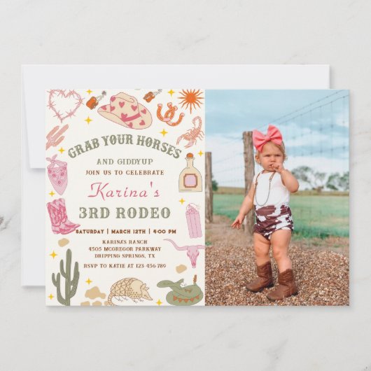 Western cowgirl rodeo verjaardagsfoto uitnodiging (Voorkant)