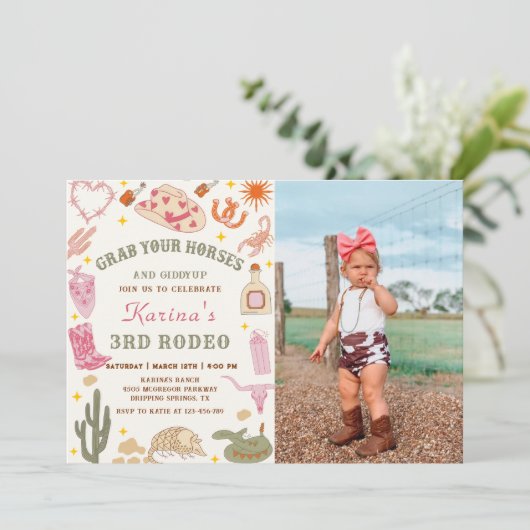 Western cowgirl rodeo verjaardagsfoto uitnodiging (Staand voorkant)