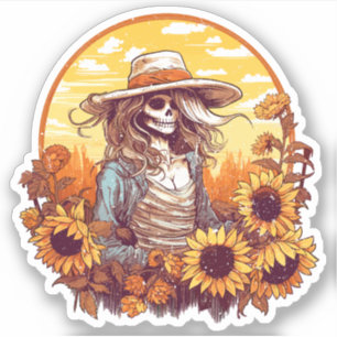 Western cowgirl skelet met Herfst zonnebloemen Sticker