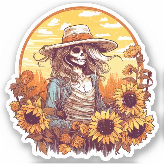 Western cowgirl skelet met Herfst zonnebloemen Sticker (Voorkant)