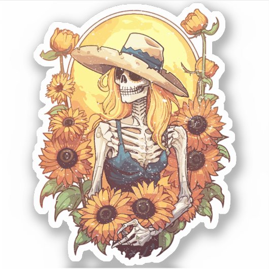  Western cowgirl skelet met zonnebloemen Sticker (Voorkant)