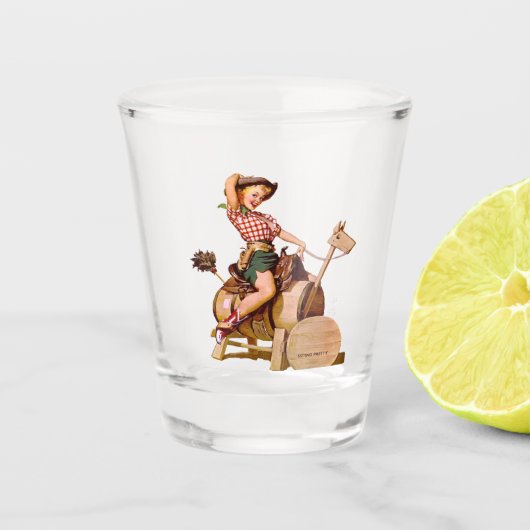  Western Cowgirl Wood Horse Sittin'  Shot Glas (Voorkant)