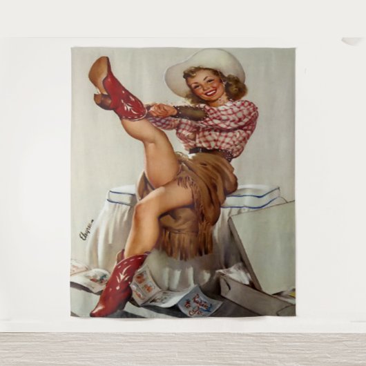 Western cowgirl zetten op rode laarzen Wandkleed (Voorkant)
