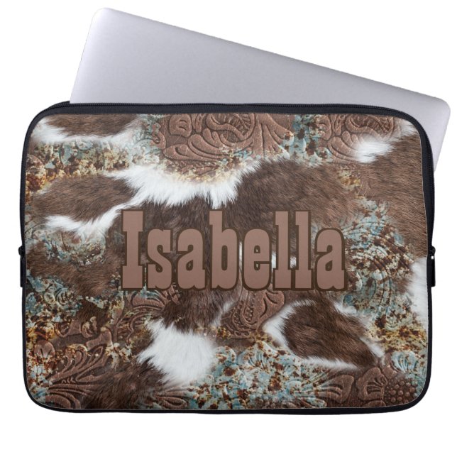 Western Cowhide Brown Leather Print Rodeo Laptop Sleeve (Voorkant)