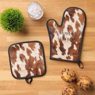 Western crème bruin Koeienhuid Ovenwant & Pannenlap Set