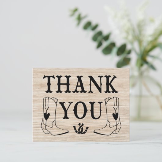 Western dank u hout cowboy boot land bruiloft briefkaart (Staand voorkant)