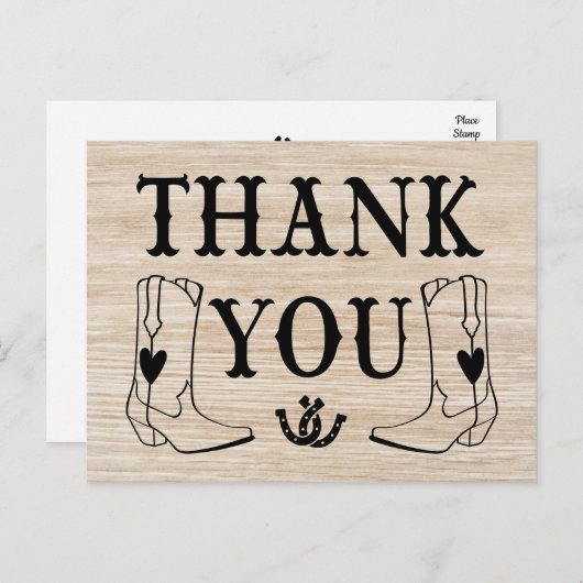 Western dank u hout cowboy boot land bruiloft briefkaart (Voorkant / Achterkant)