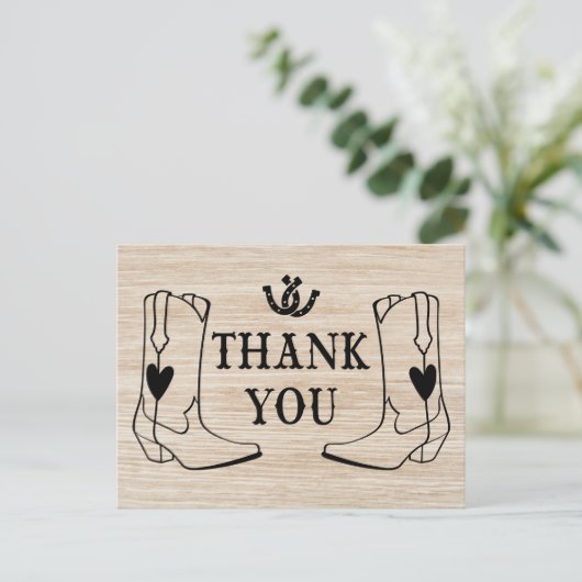 Western dank u hout cowboy boot land bruiloft briefkaart (Staand voorkant)