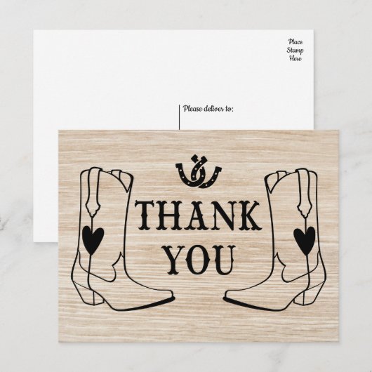 Western dank u hout cowboy boot land bruiloft briefkaart (Voorkant / Achterkant)