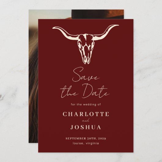 Western De datum opslaan | Rustic Boho Koe Skull Save The Date (Voorkant / Achterkant)