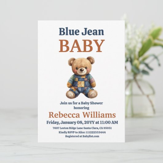 Western Denim Patchwork Bear Blue Jean Baby Shower Kaart (Staand voorkant)