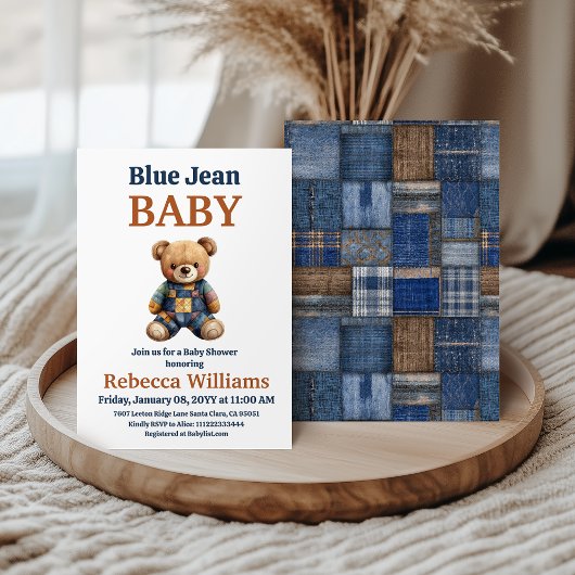Western Denim Patchwork Bear Blue Jean Baby Shower Kaart
