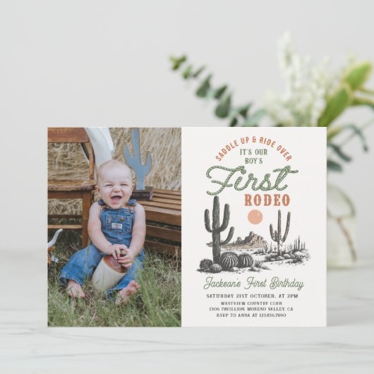 Western Desert First Rodeo 1st Birthday Foto Kaart (Staand voorkant)