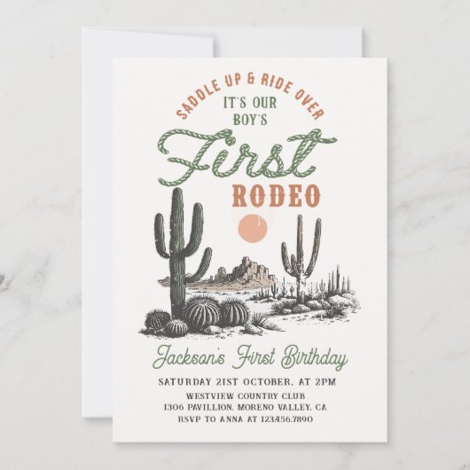 Western Desert First Rodeo 1st Birthday Invitation Kaart (Voorkant)
