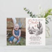 Western Desert Rodeo 1st Birthday Photo Invitation Kaart (Staand voorkant)