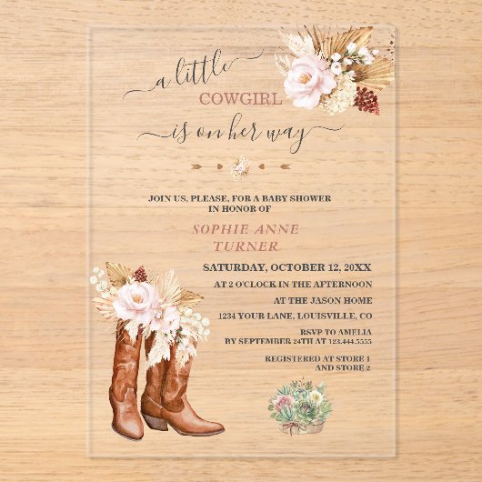 Western Een kleine Cowgirl Floral Boots Baby showe Acryl Uitnodigingen (Voorkant)