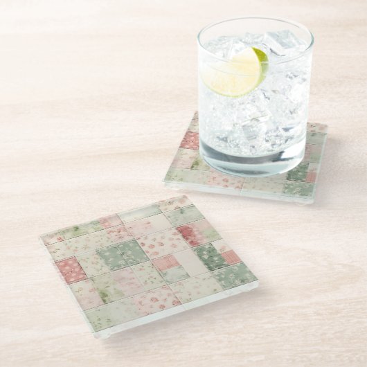 Western Farm Mint Pink Floral Quilt Patterns Glazen Onderzetter (Schuin)