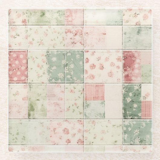 Western Farm Mint Pink Floral Quilt Patterns Glazen Onderzetter (Voorkant)