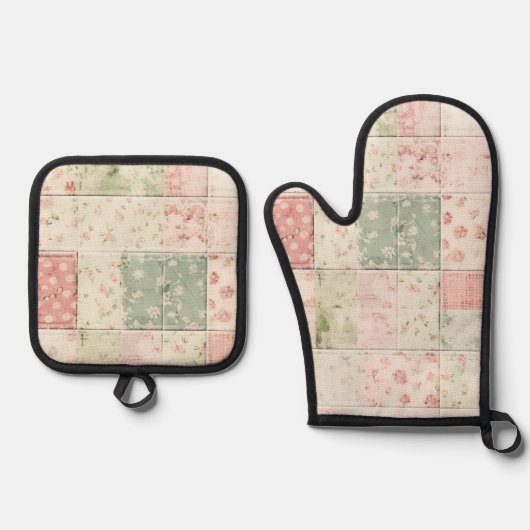 Western Farm Mint Pink Floral Quilt Patterns Ovenwant & Pannenlap Set (Voorkant)