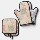Western Farm Mint Pink Floral Quilt Patterns Ovenwant & Pannenlap Set (Voorkant / Achterkant)