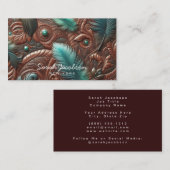 Western Faux Brown Leather Tooled Teal Feathers Visitekaartje (Voorkant / Achterkant)