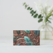 Western Faux Brown Leather Tooled Teal Feathers Visitekaartje (Staand voorkant)