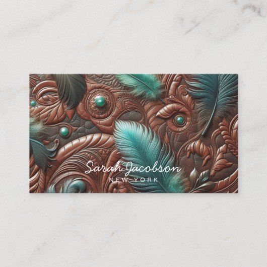 Western Faux Brown Leather Tooled Teal Feathers Visitekaartje (Voorkant)