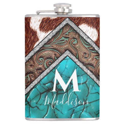 Western Faux Leather Turquoise Mix Monogram Heupfles (Voorkant)