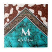 Western Faux Leather Turquoise Mix Monogram Tegeltje (Voorkant)