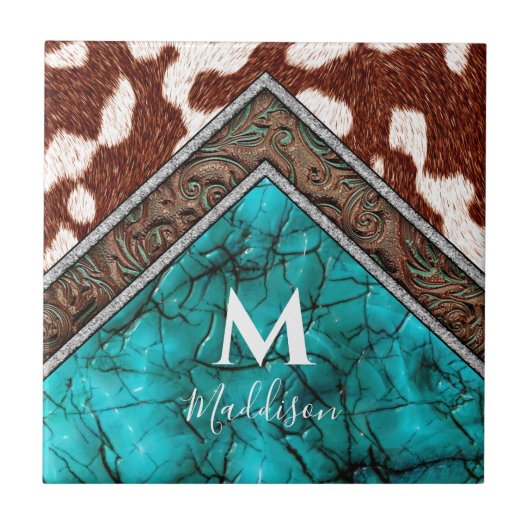 Western Faux Leather Turquoise Mix Monogram Tegeltje (Voorkant)