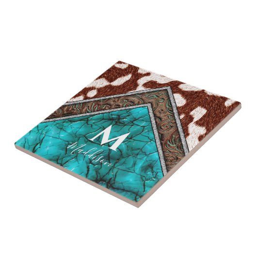 Western Faux Leather Turquoise Mix Monogram Tegeltje (Zijkant)
