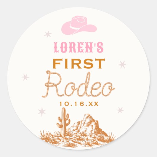 Western First Rodeo Cowgirl 1st Birthday Ronde Sticker (Voorkant)