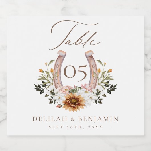 Western Floral Hoefijzer Trouwtafel nummer Sparkling Wijnetiket (Enkel label)