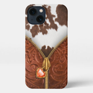 Western gelooid leder van zipper iPhone 13 hoesje